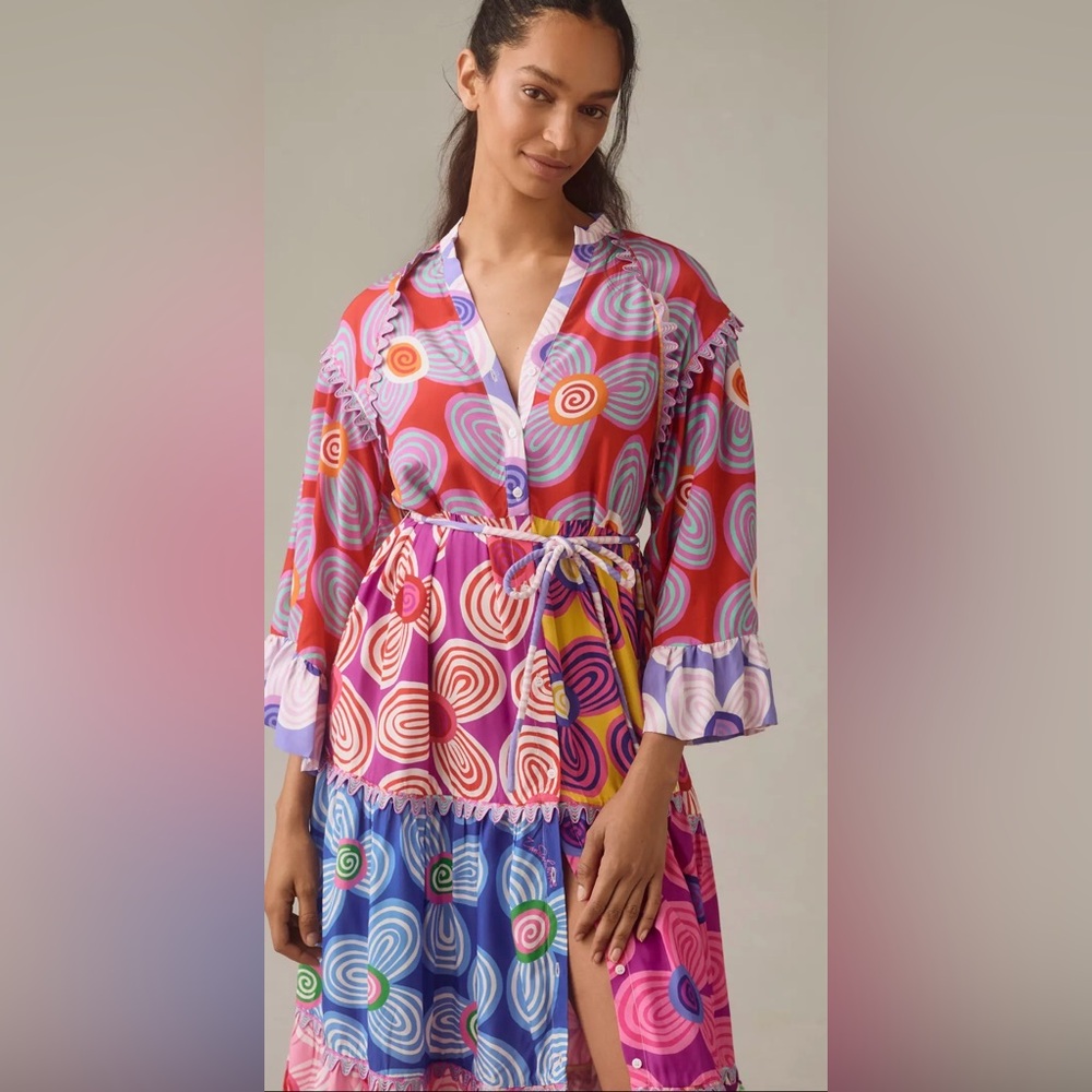 Celia B Maryann V-Neck Mixed Print Midi Dress Button Bright Whimsy Size L - Picture 8 of 16